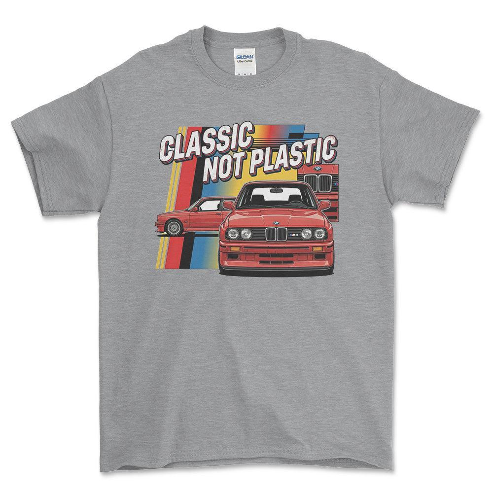 BMW E30 Classic Not Plastic - Unisex T-Shirt-Beklædning-BMW-Grå Sport-S-Forside-Garage Culture Shop- garage - man cave - merchandise