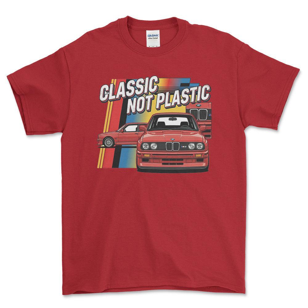 BMW E30 Classic Not Plastic - Unisex T-Shirt-Beklædning-BMW-Rød-S-Forside-Garage Culture Shop- garage - man cave - merchandise