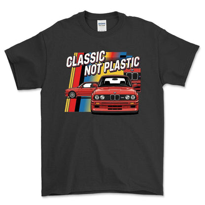 BMW E30 Classic Not Plastic - Unisex T-Shirt-Beklædning-BMW-Sort-S-Forside-Garage Culture Shop- garage - man cave - merchandise
