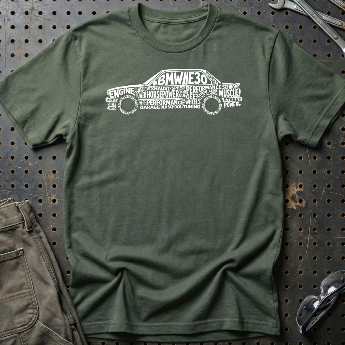 
Produktbillede af BMW E30 Old School Typography T-Shirt