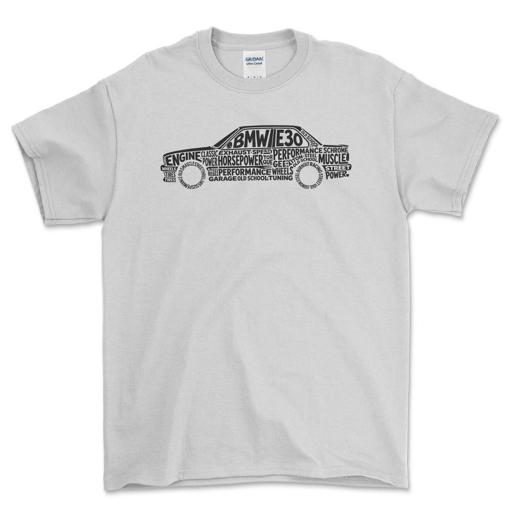 BMW E30 Old School Typography - Unisex T-Shirt-Beklædning-BMW-Hvid-S-Forside-Garage Culture Shop- garage - man cave - merchandise