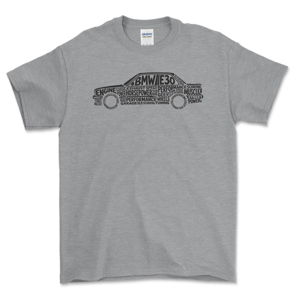 BMW E30 Old School Typography - Unisex T-Shirt-Beklædning-BMW-Grå Sport-S-Garage Culture Shop- garage - man cave - merchandise