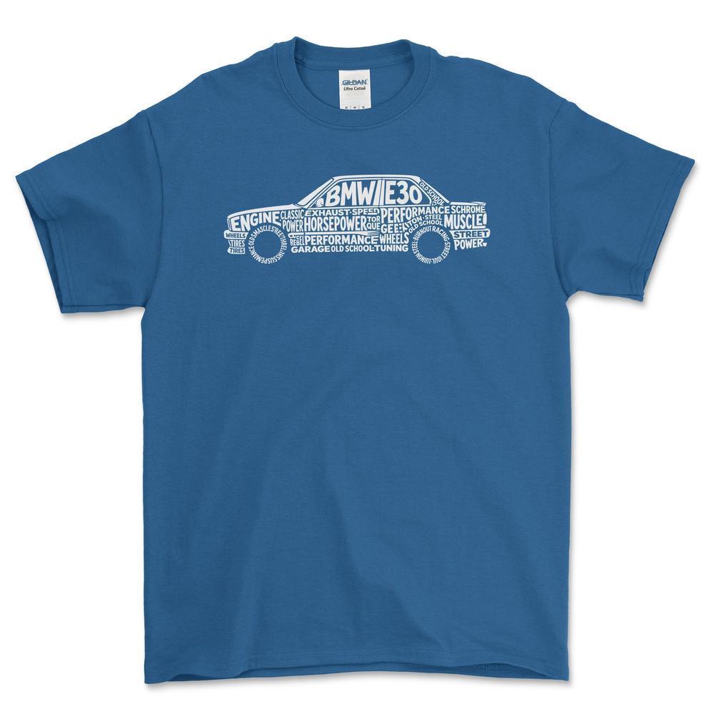 BMW E30 Old School Typography - Unisex T-Shirt-Beklædning-BMW-Blå Royal-S-Garage Culture Shop- garage - man cave - merchandise