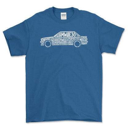 BMW E30 Old School Typography - Unisex T-Shirt-Beklædning-BMW-Blå Royal-S-Forside-Garage Culture Shop- garage - man cave - merchandise
