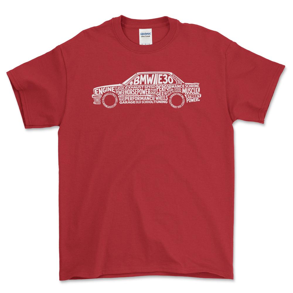 BMW E30 Old School Typography - Unisex T-Shirt-Beklædning-BMW-Rød-S-Garage Culture Shop- garage - man cave - merchandise
