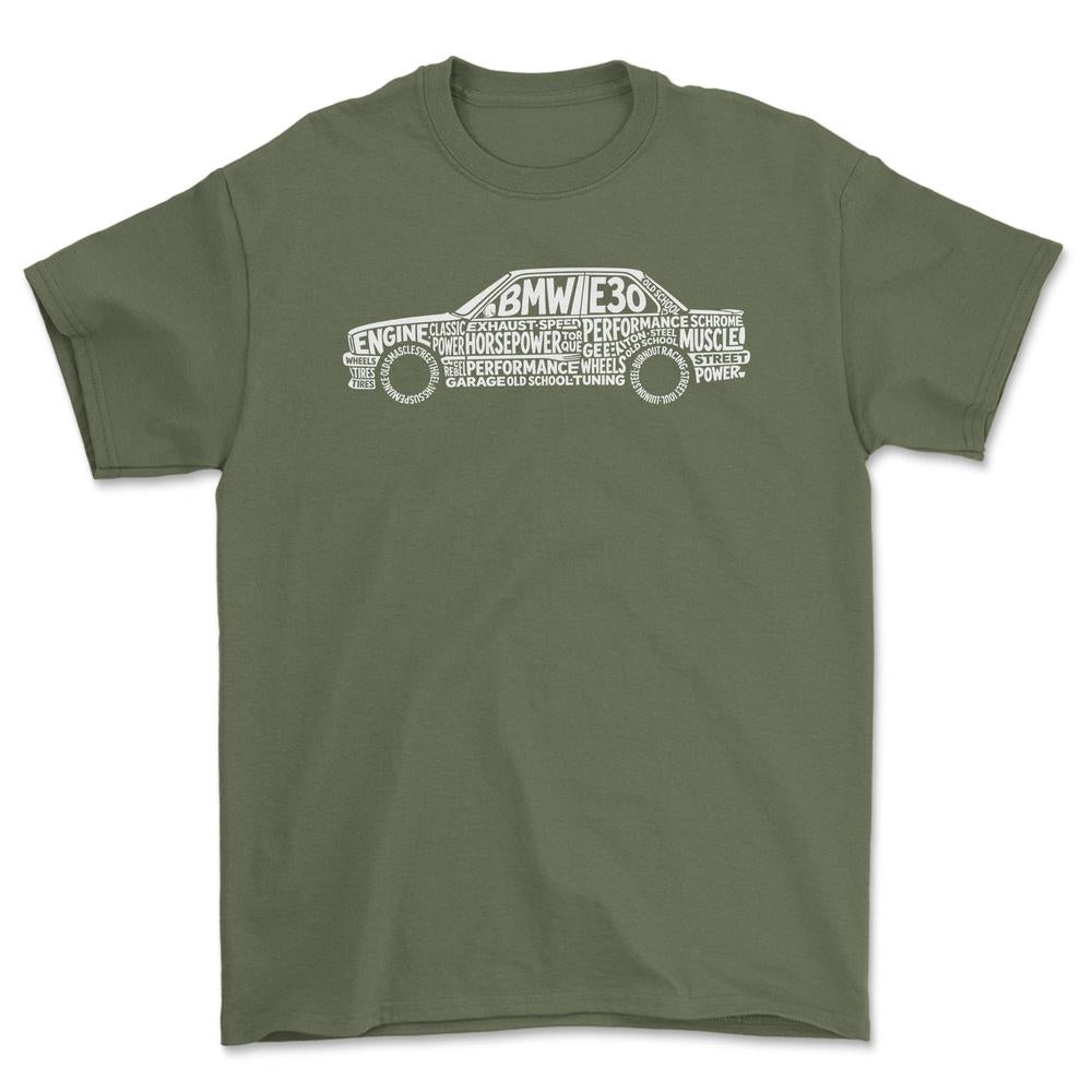 BMW E30 Old School Typography - Unisex T-Shirt-Beklædning-BMW-Grøn Militær-S-Garage Culture Shop- garage - man cave - merchandise