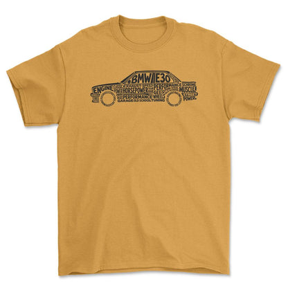 BMW E30 Old School Typography - Unisex T-Shirt-Beklædning-BMW-Guld-S-Forside-Garage Culture Shop- garage - man cave - merchandise