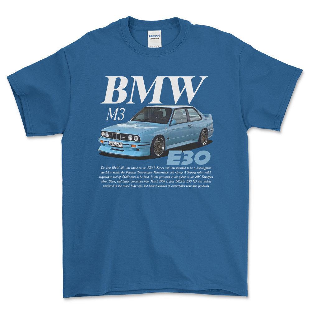BMW E30 T-Shirt-Beklædning-BMW-Blå Royal-S-Garage Culture Shop- garage - man cave - merchandise