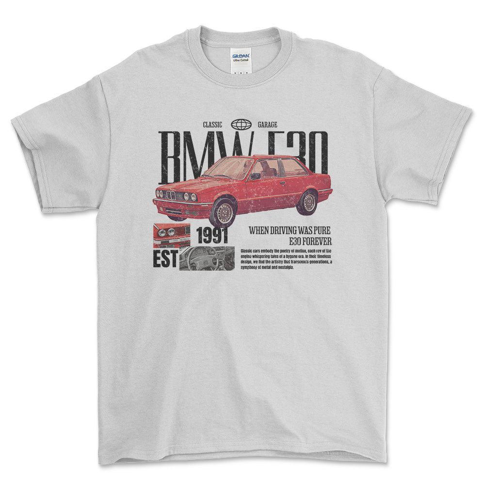 BMW E30 - Unisex T-Shirt , Bomuld-Beklædning-BMW-Hvid-S-Forside-Garage Culture Shop- garage - man cave - merchandise