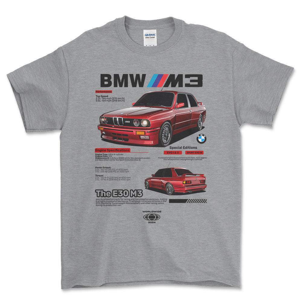 BMW E30 - Unisex T-Shirt , Bomuld-Beklædning-BMW-Grå Sport-S-Forside-Garage Culture Shop- garage - man cave - merchandise