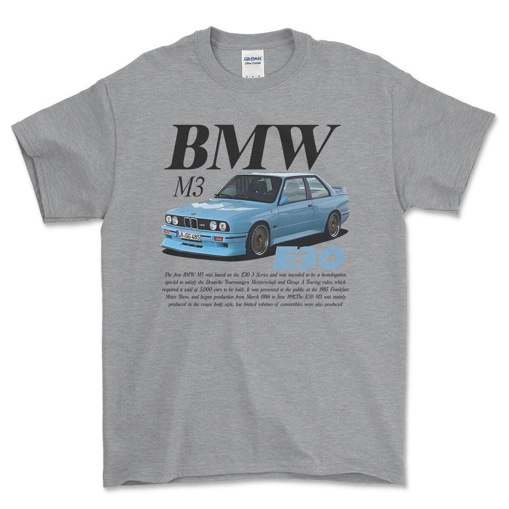 BMW E30 - Unisex T-Shirt , Bomuld-Beklædning-BMW-Grå Sport-S-Forside-Garage Culture Shop- garage - man cave - merchandise