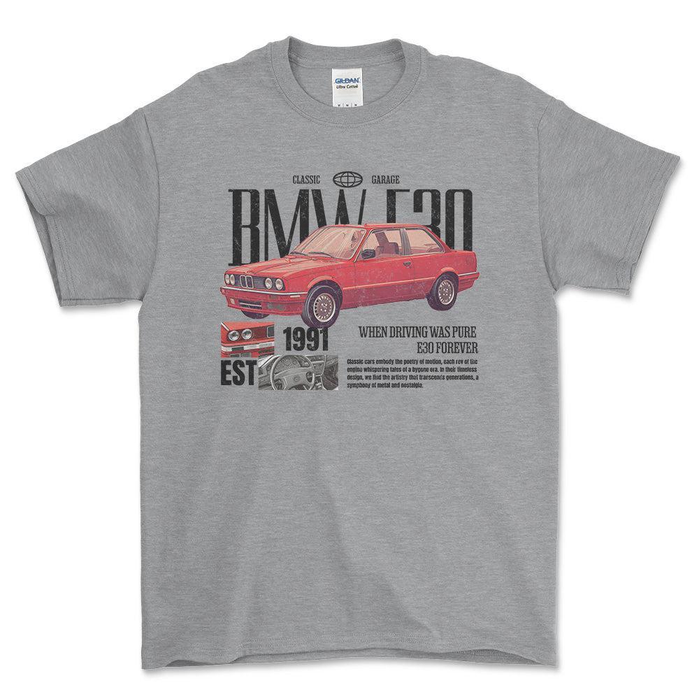 BMW E30 - Unisex T-Shirt , Bomuld-Beklædning-BMW-Grå Sport-S-Forside-Garage Culture Shop- garage - man cave - merchandise