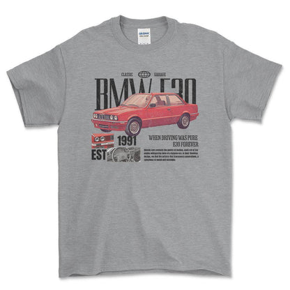 BMW E30 - Unisex T-Shirt , Bomuld-Beklædning-BMW-Grå Sport-S-Forside-Garage Culture Shop- garage - man cave - merchandise