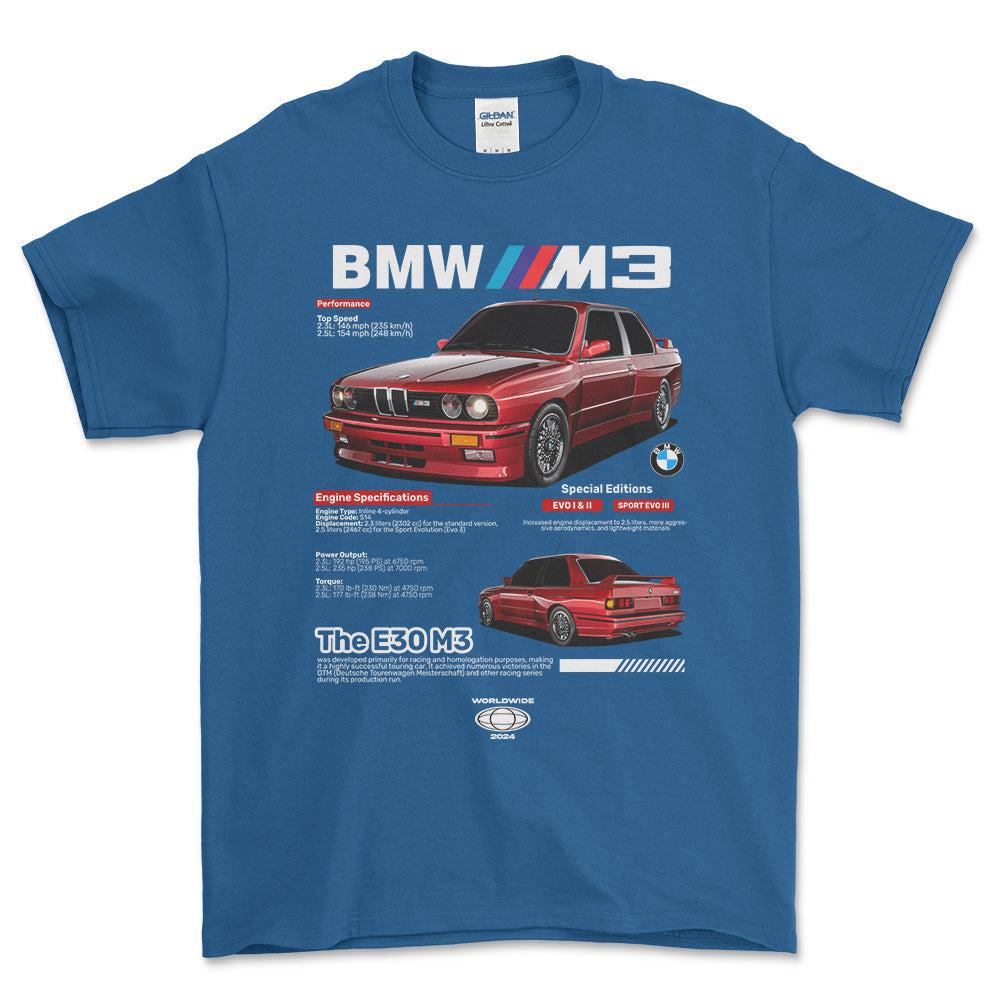 BMW E30 - Unisex T-Shirt , Bomuld-Beklædning-BMW-Blå Royal-S-Forside-Garage Culture Shop- garage - man cave - merchandise