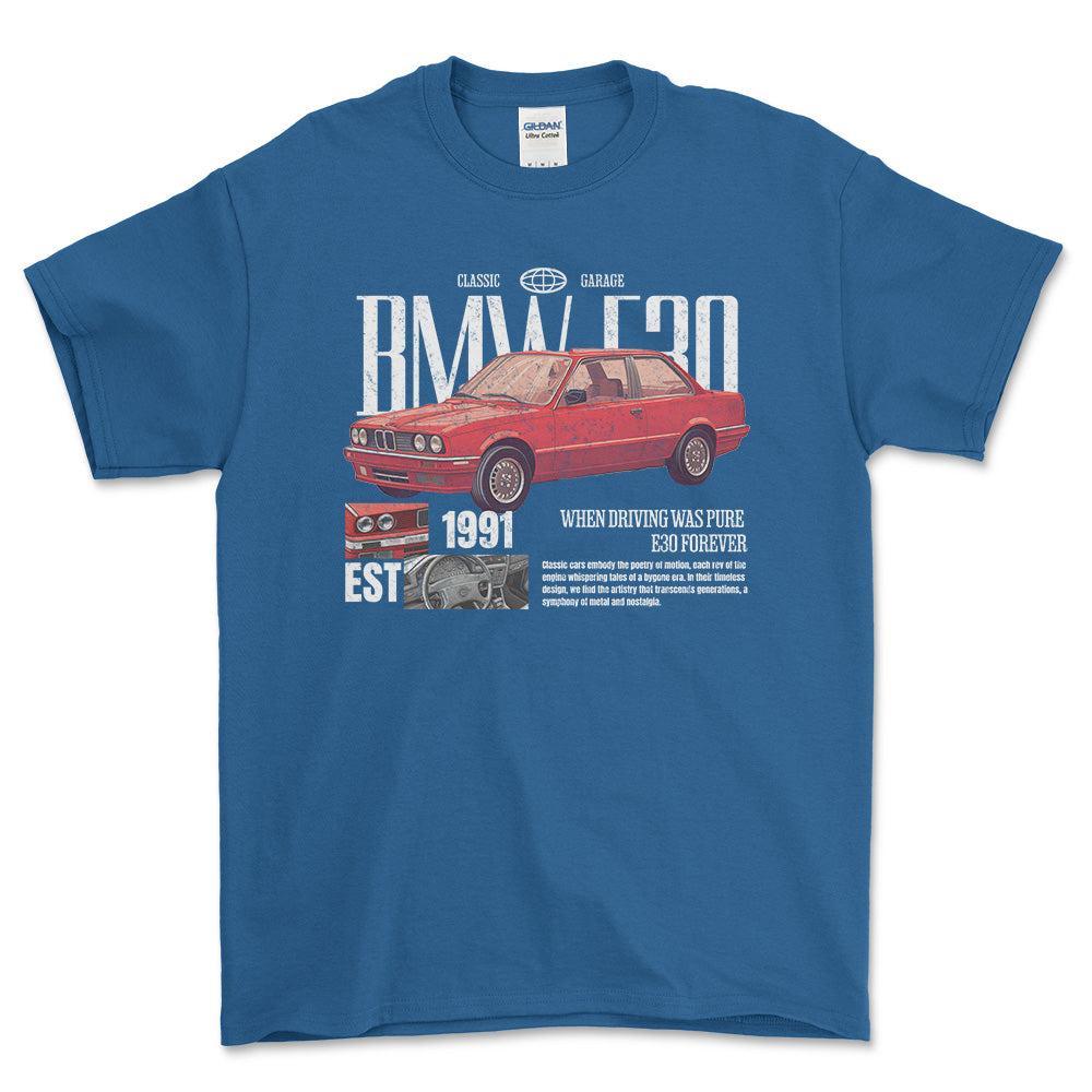 BMW E30 - Unisex T-Shirt , Bomuld-Beklædning-BMW-Blå Royal-S-Forside-Garage Culture Shop- garage - man cave - merchandise