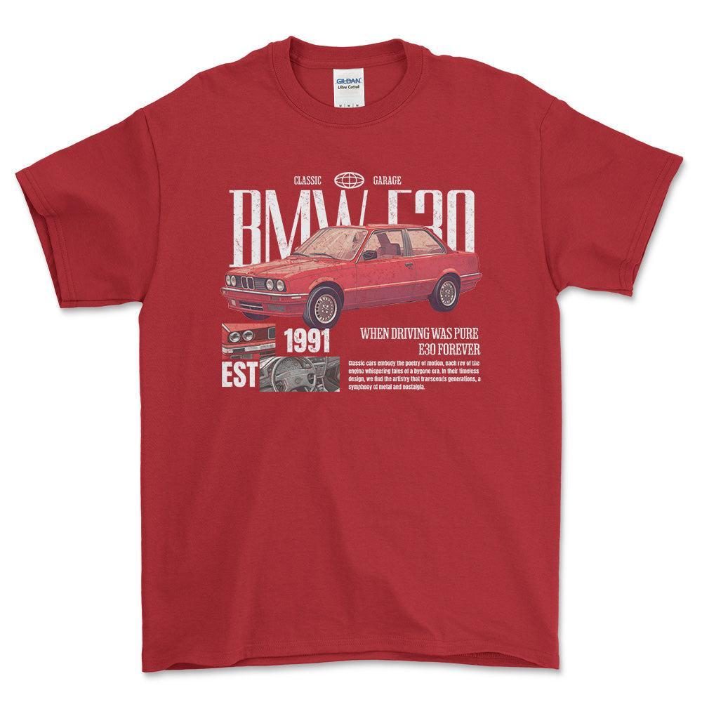 BMW E30 - Unisex T-Shirt , Bomuld-Beklædning-BMW-Rød-S-Forside-Garage Culture Shop- garage - man cave - merchandise