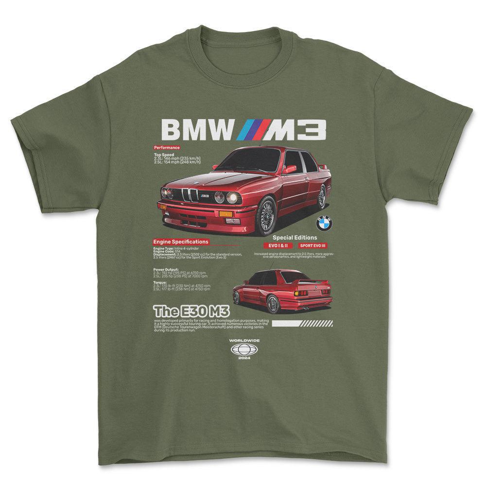 BMW E30 - Unisex T-Shirt , Bomuld-Beklædning-BMW-Grøn Militær-S-Forside-Garage Culture Shop- garage - man cave - merchandise