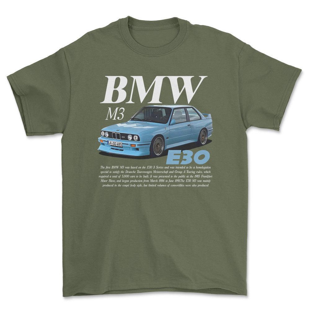BMW E30 - Unisex T-Shirt , Bomuld-Beklædning-BMW-Grøn Militær-S-Forside-Garage Culture Shop- garage - man cave - merchandise