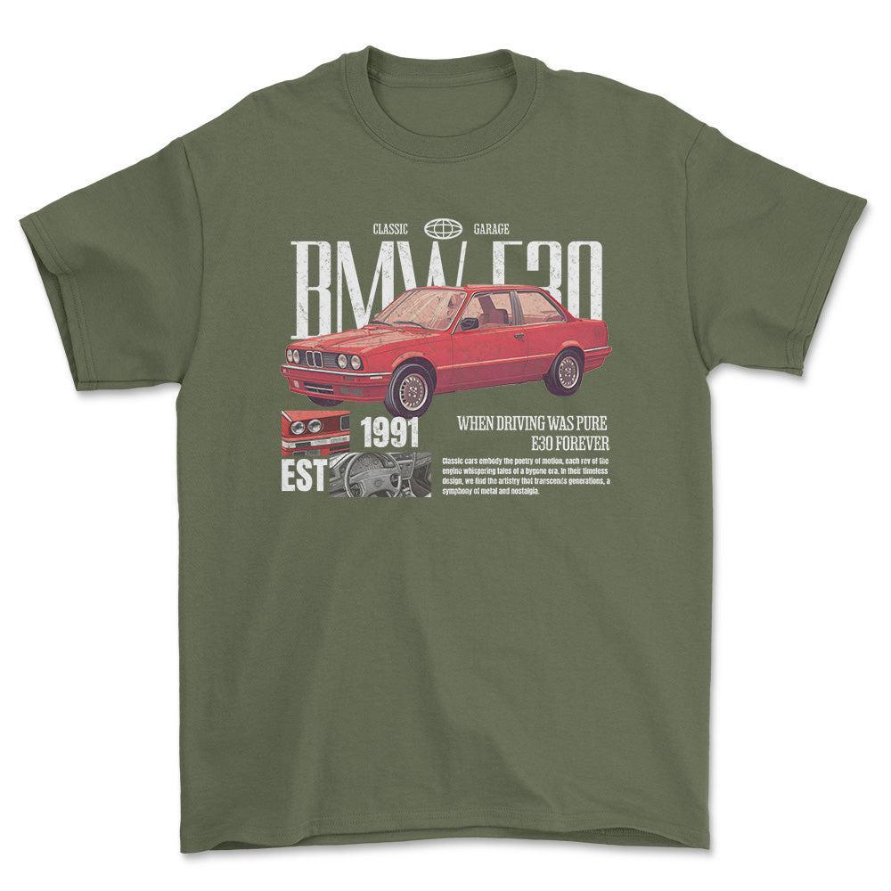 BMW E30 - Unisex T-Shirt , Bomuld-Beklædning-BMW-Grøn Militær-S-Forside-Garage Culture Shop- garage - man cave - merchandise