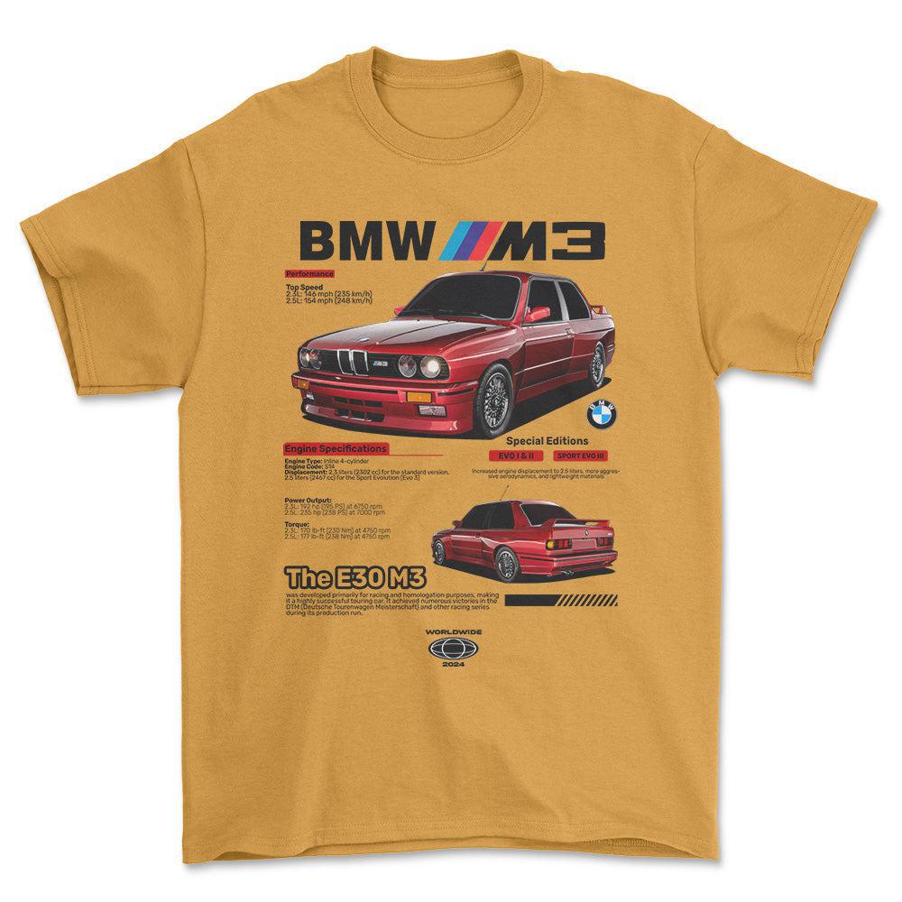 BMW E30 - Unisex T-Shirt , Bomuld-Beklædning-BMW-Guld-S-Forside-Garage Culture Shop- garage - man cave - merchandise