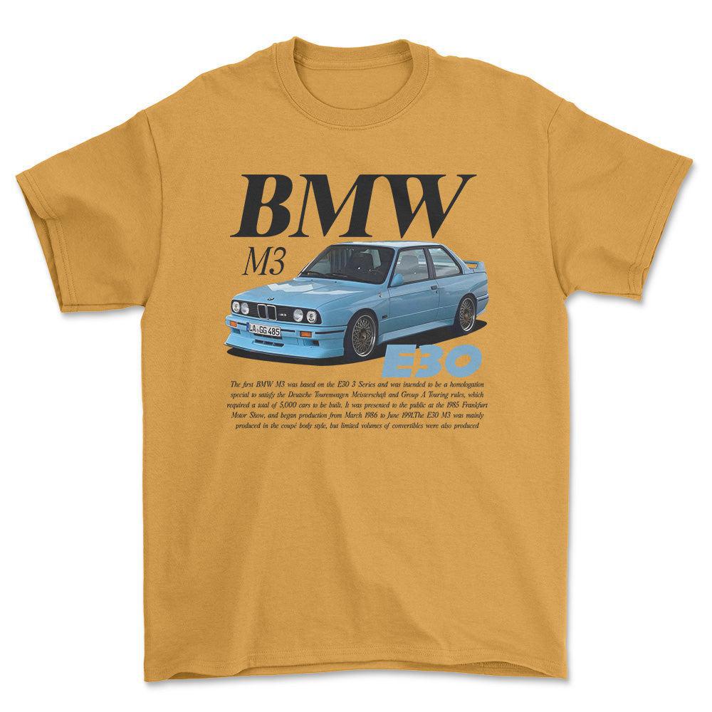 BMW E30 - Unisex T-Shirt , Bomuld-Beklædning-BMW-Guld-S-Forside-Garage Culture Shop- garage - man cave - merchandise