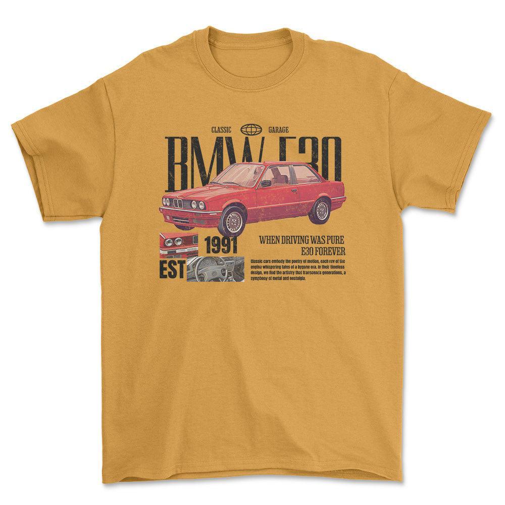 BMW E30 - Unisex T-Shirt , Bomuld-Beklædning-BMW-Guld-S-Forside-Garage Culture Shop- garage - man cave - merchandise