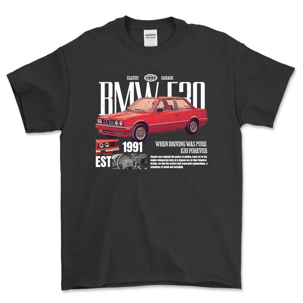 BMW E30 - Unisex T-Shirt , Bomuld-Beklædning-BMW-Sort-S-Forside-Garage Culture Shop- garage - man cave - merchandise