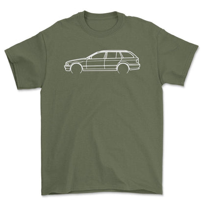 BMW E39 Wagon Outline - Unisex T-Shirt , Bomuld-Beklædning-BMW-Grøn Militær-S-Forside-Garage Culture Shop- garage - man cave - merchandise