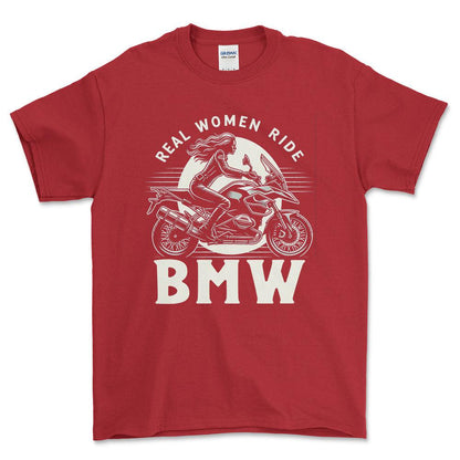 BMW GS - Real Women Ride BMW - Unisex T-Shirt , Bomuld-Beklædning-BMW-Rød-S-Forside-Garage Culture Shop- garage - man cave - merchandise