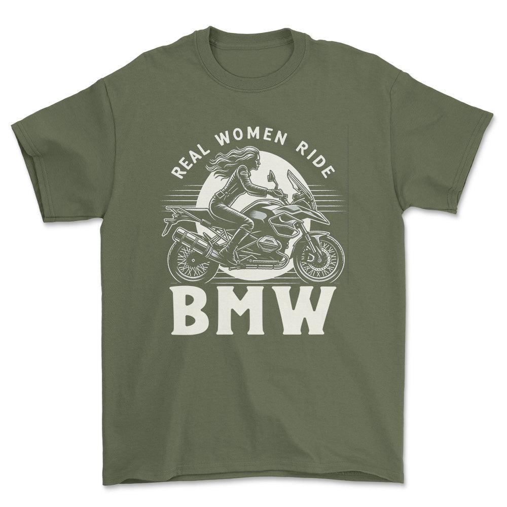 BMW GS - Real Women Ride BMW - Unisex T-Shirt , Bomuld-Beklædning-BMW-Grøn Militær-S-Forside-Garage Culture Shop- garage - man cave - merchandise