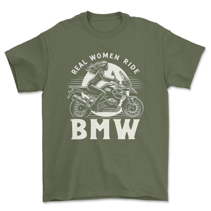 BMW GS - Real Women Ride BMW - Unisex T-Shirt , Bomuld-Beklædning-BMW-Grøn Militær-S-Forside-Garage Culture Shop- garage - man cave - merchandise