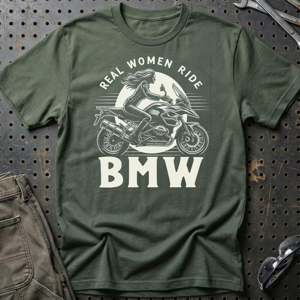 BMW GS - Real Women Ride BMW - Unisex T-Shirt , Bomuld-Beklædning-BMW-Grøn Militær-S-Garage Culture Shop- garage - man cave - merchandise