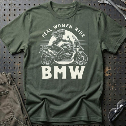 BMW GS - Real Women Ride BMW - Unisex T-Shirt , Bomuld-Beklædning-BMW-Grøn Militær-S-Garage Culture Shop- garage - man cave - merchandise