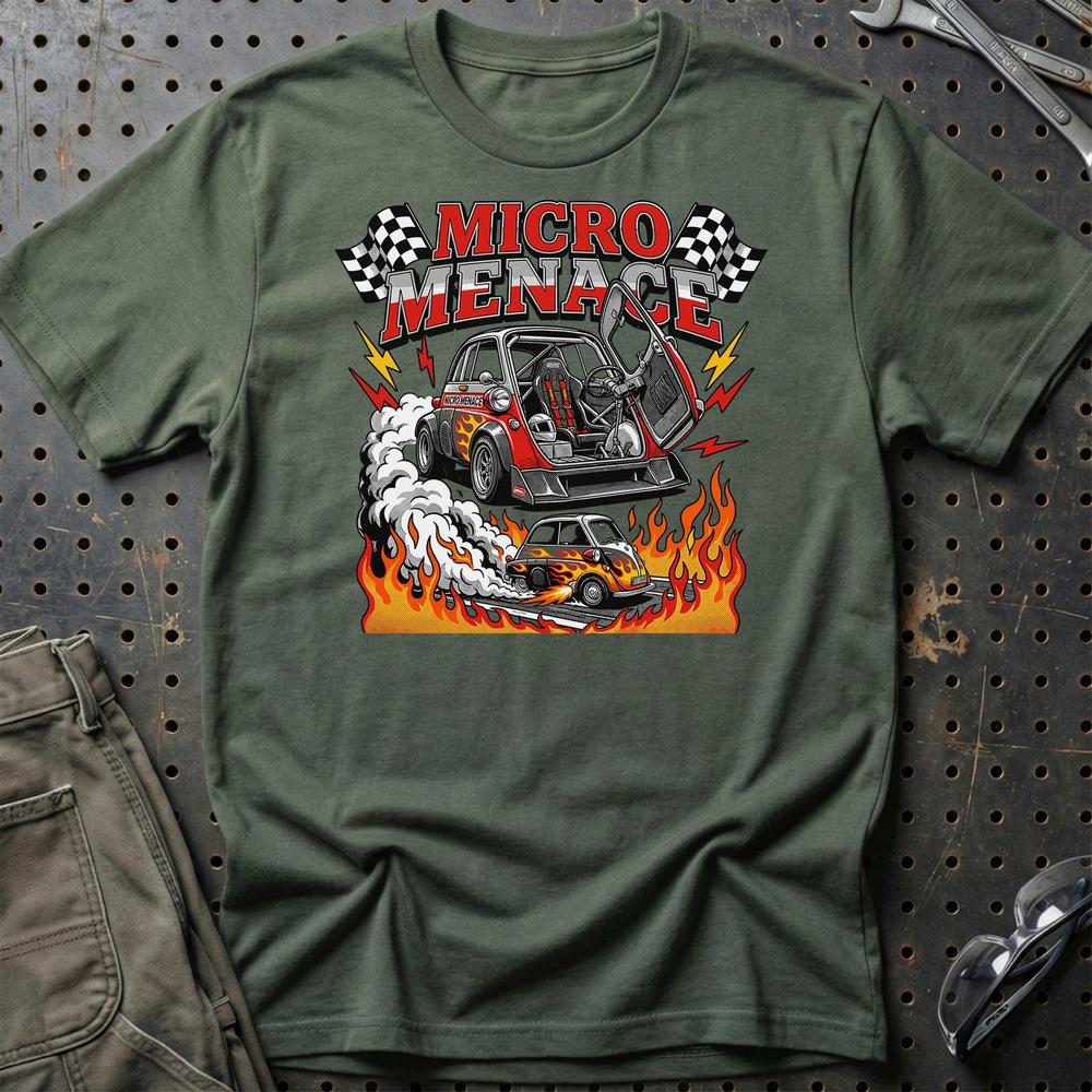 BMW Isetta Micro Menace Vintage Racing - Unisex T-Shirt-Beklædning-BMW-Grøn Militær-S-Garage Culture Shop- garage - man cave - merchandise