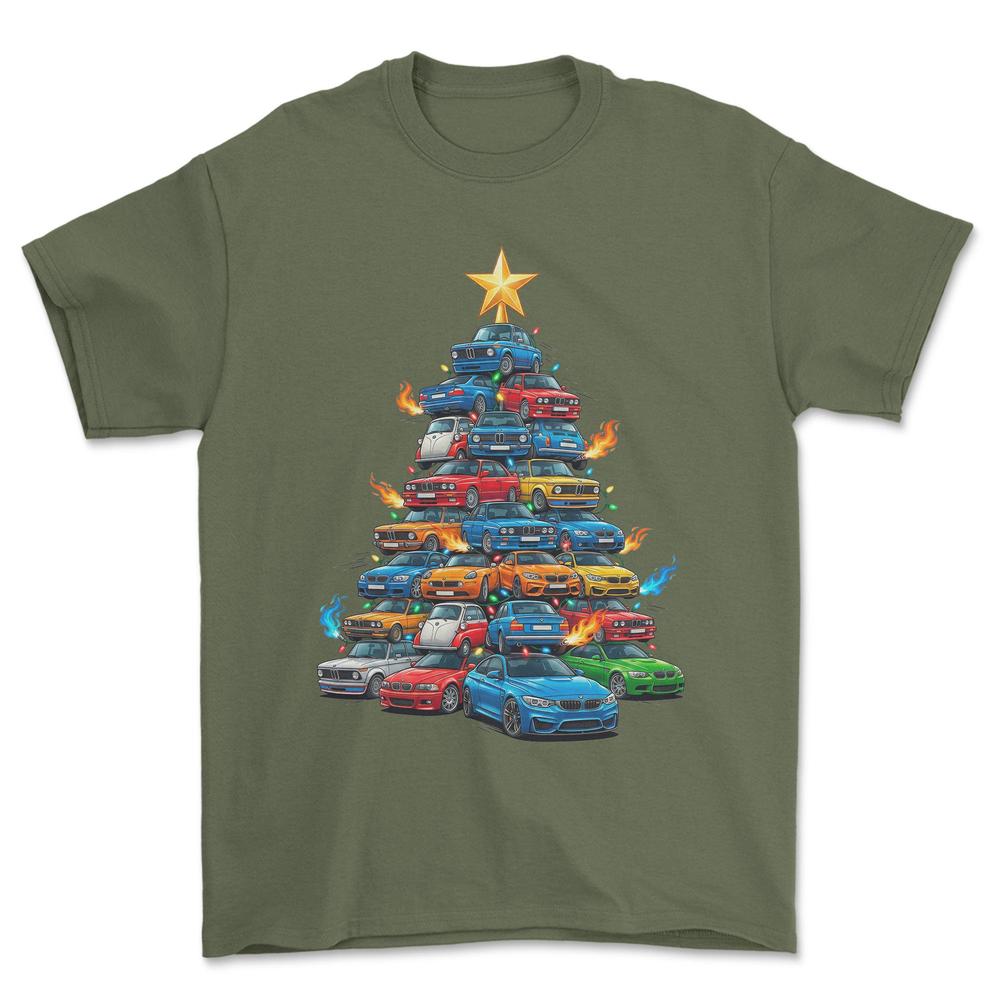 BMW Juletræ Christmas Tree - Unisex T-Shirt-Beklædning-BMW-Grøn Militær-S-Forside-Garage Culture Shop- garage - man cave - merchandise