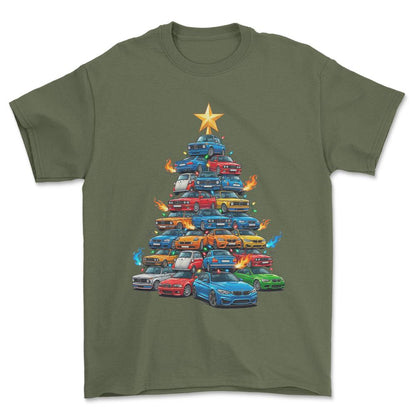 BMW Juletræ Christmas Tree - Unisex T-Shirt-Beklædning-BMW-Grøn Militær-S-Forside-Garage Culture Shop- garage - man cave - merchandise