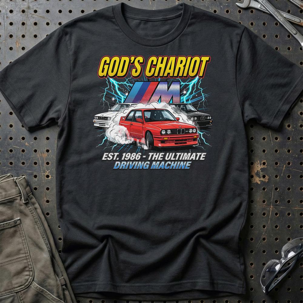 BMW M3 E30 God’s Chariot 1986 Driving Machine T-Shirt-Beklædning-BMW-Sort-S-Garage Culture Shop- garage - man cave - merchandise