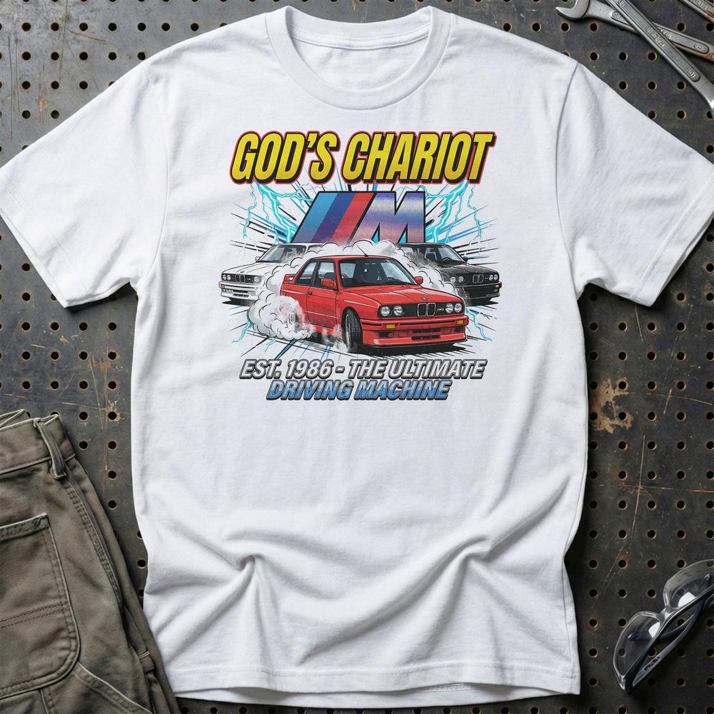 BMW M3 E30 God’s Chariot 1986 Driving Machine - Unisex T-Shirt-Beklædning-BMW-Hvid-S-Garage Culture Shop- garage - man cave - merchandise