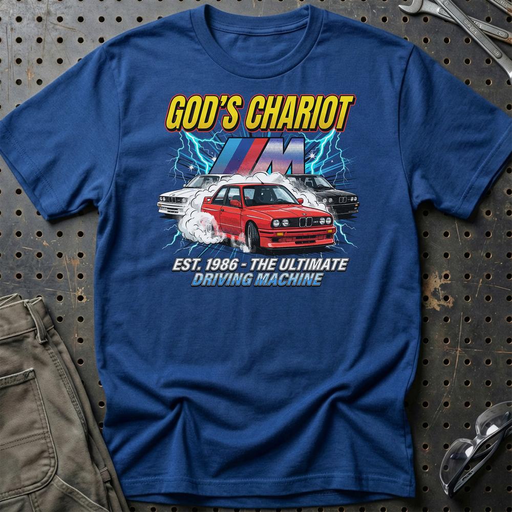 BMW M3 E30 God’s Chariot 1986 Driving Machine - Unisex T-Shirt-Beklædning-BMW-Blå Royal-S-Garage Culture Shop- garage - man cave - merchandise