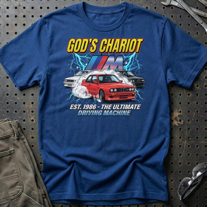 BMW M3 E30 God’s Chariot 1986 Driving Machine - Unisex T-Shirt-Beklædning-BMW-Blå Royal-S-Garage Culture Shop- garage - man cave - merchandise