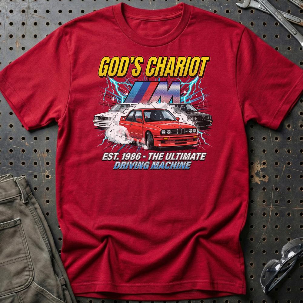 BMW M3 E30 God’s Chariot 1986 Driving Machine - Unisex T-Shirt-Beklædning-BMW-Rød-S-Garage Culture Shop- garage - man cave - merchandise