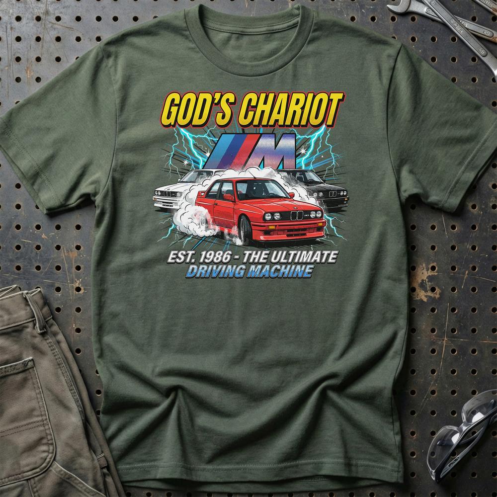 BMW M3 E30 God’s Chariot 1986 Driving Machine - Unisex T-Shirt-Beklædning-BMW-Grøn Militær-S-Garage Culture Shop- garage - man cave - merchandise
