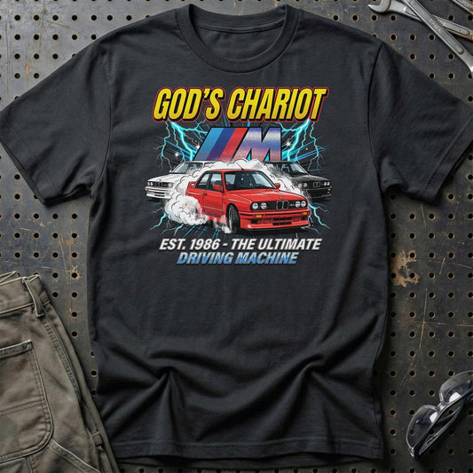 BMW M3 E30 God’s Chariot 1986 Driving Machine - Unisex T-Shirt-Beklædning-BMW-Sort-S-Garage Culture Shop- garage - man cave - merchandise