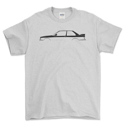 BMW M3 (E30) Silhuet - Unisex T-Shirt , Bomuld-Beklædning-BMW-Hvid-S-Forside-Garage Culture Shop- garage - man cave - merchandise