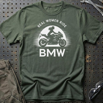 BMW Real Women Ride BMW - Unisex T-Shirt , Bomuld-Beklædning-BMW-Grøn Militær-S-Garage Culture Shop- garage - man cave - merchandise