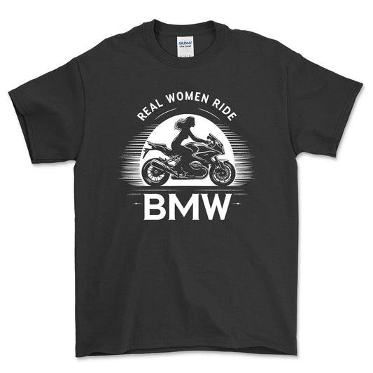 BMW Real Women Ride BMW - Unisex T-Shirt , Bomuld-Beklædning-BMW-Sort-S-Forside-Garage Culture Shop- garage - man cave - merchandise