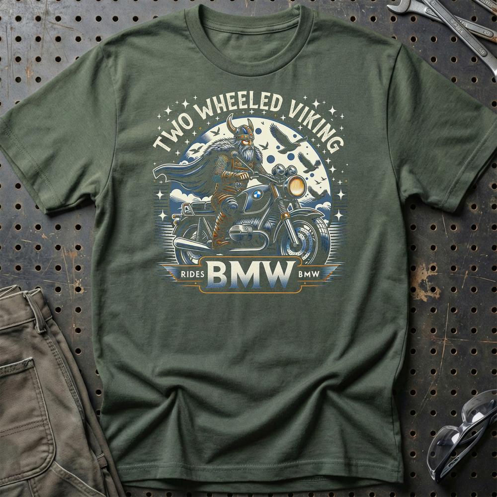 BMW Two Wheeled Viking Rides BMW - Unisex T-Shirt , Bomuld-Beklædning-Kawasaki-Grøn Militær-S-Garage Culture Shop- garage - man cave - merchandise