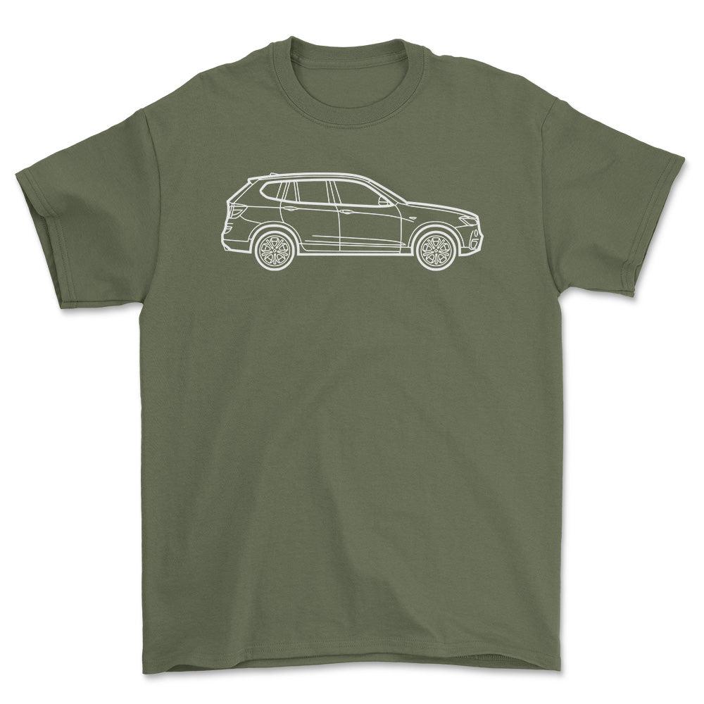 BMW X3 2010 Outline - Unisex T-Shirt , Bomuld-Beklædning-BMW-Grøn Militær-S-Garage Culture Shop- garage - man cave - merchandise