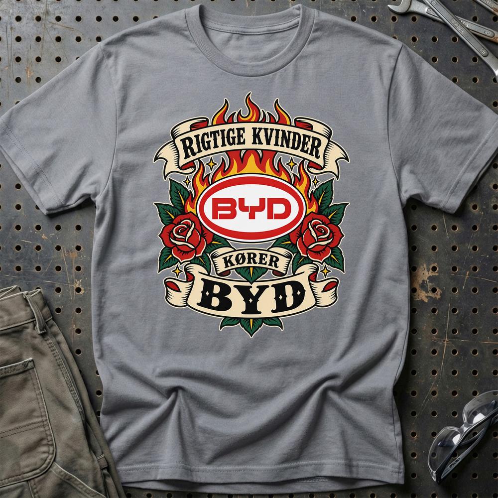 BYD Rigtige Kvinder Kører – Roser og Flammer T-Shirt-Beklædning-BYD-Grå Sport-S-Garage Culture Shop- garage - man cave - merchandise