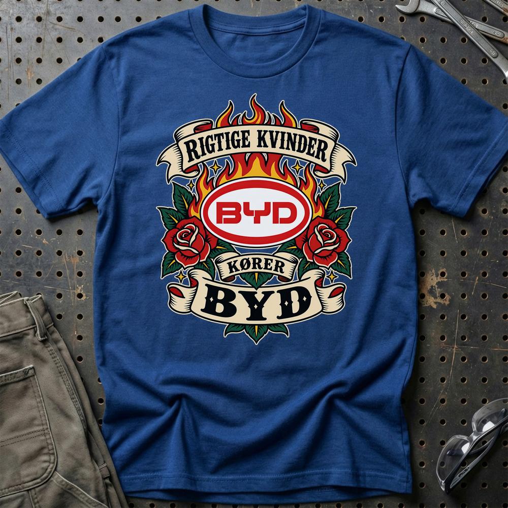 BYD Rigtige Kvinder Kører – Roser og Flammer T-Shirt-Beklædning-BYD-Blå Royal-S-Garage Culture Shop- garage - man cave - merchandise
